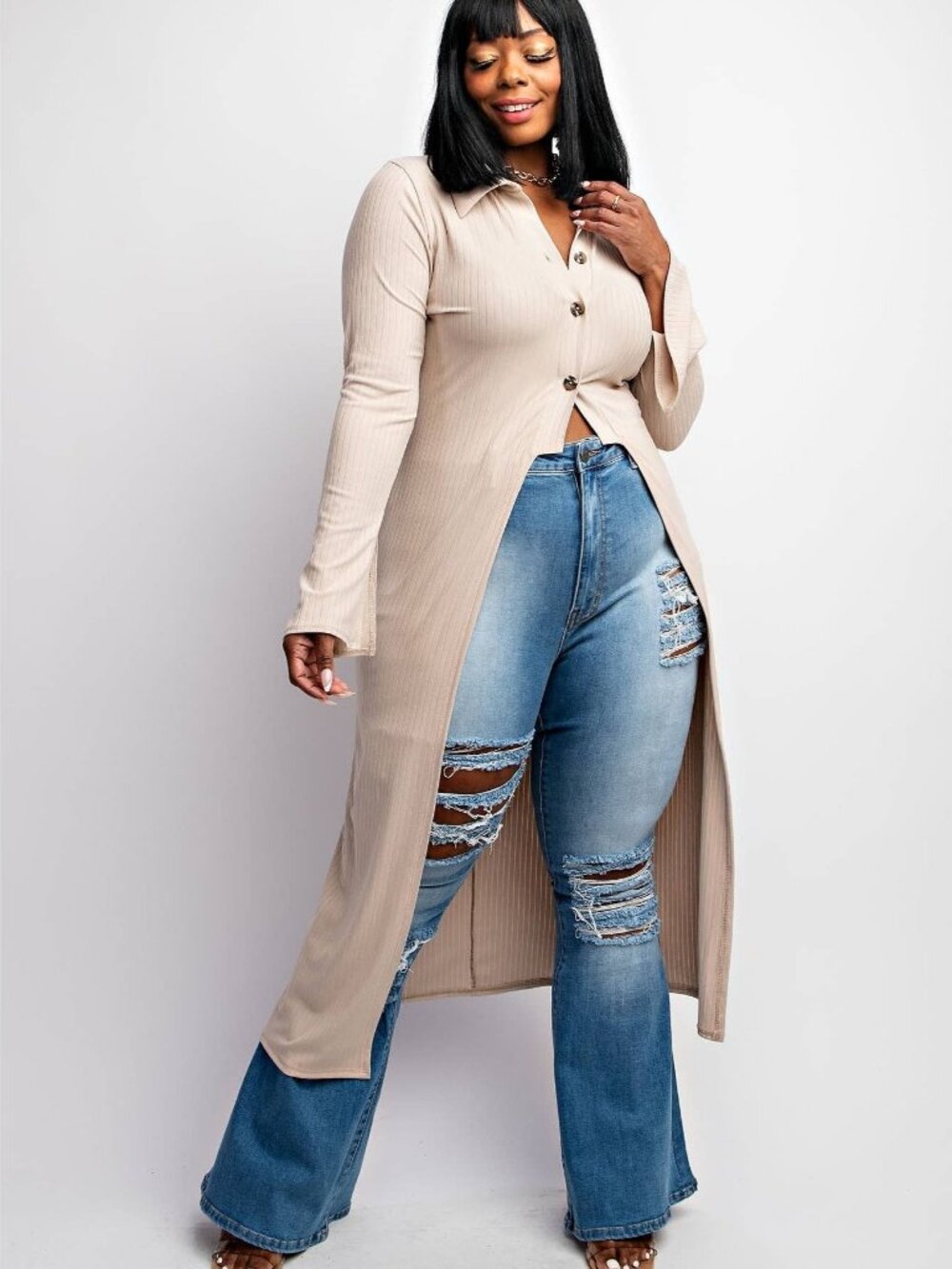 DELIAH PLUS SIZE RIB-KNIT CARDIGAN WITH BUTTON UP FRONT